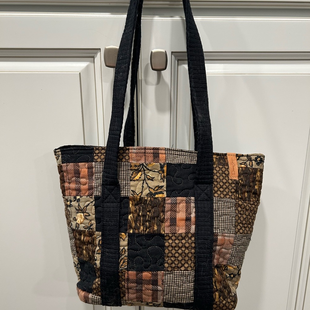 Black and Brown Patchwork Tote Bag with Leather Trim